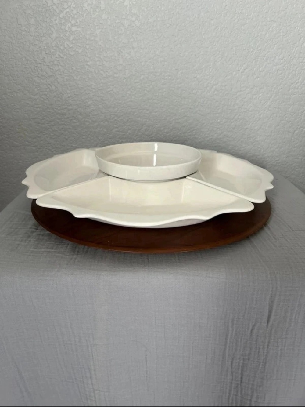 MCM Cream Ceramic Serving Platter with Removable Center Bowl on lazy Susan